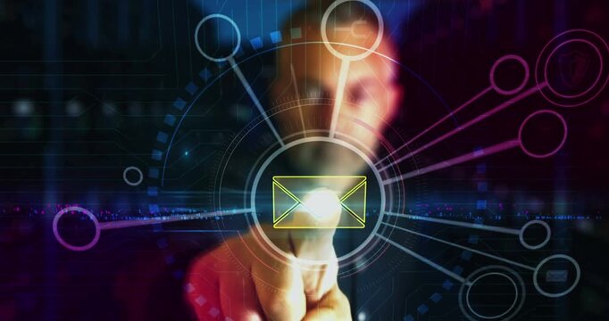 Envelope email message communication symbol digital abstract 3d concept. Finger touch screen. Cyber technology and network background. Man pushes computer display.