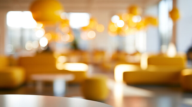 Abstract blurred background of a modern and bright office interior with bokeh lights, featuring a clean workspace environment suitable for copy space	