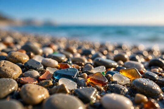Closeup of colorful sea glass and smooth pebbles on a sunny beach shore