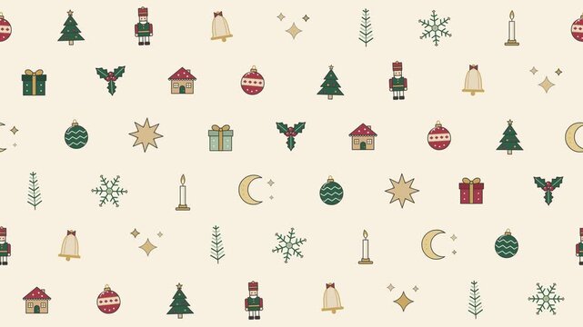Christmas Seamless Pattern with Minimalist Icons and Festive Holiday Elements