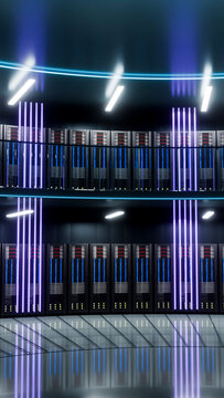 Modern data center interior with illuminated server racks