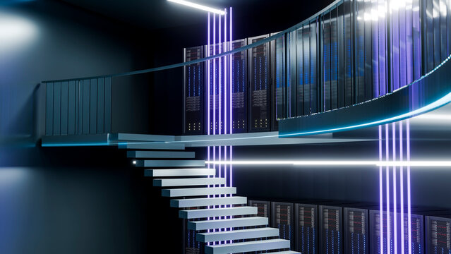 Modern data center with floating stairs and illuminated server racks