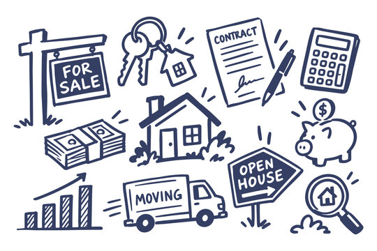 Real Estate Buying, Selling and Renting Hand Drawn Doodle Set