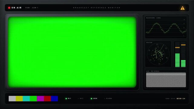 Professional loop broadcast reference monitor with green screen. Studio television control room monitor with chroma key green screen and audio level meters