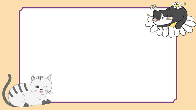 Adorable cartoon cats, one winking playfully and another sleeping on a daisy, frame a delightful border template, ideal for a charming background
