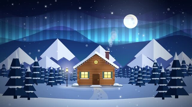 Cozy wooden cabin in snowy winter forest with northern lights and full moon flat vector illustration