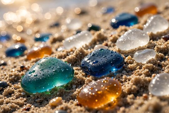 Colorful sea glass pieces scattered on sandy beach at sunset