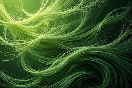 Abstract flowing green hair strands background with soft light and elegant curves