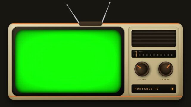 Portable retro loop television with green screen, chroma key monitor and dual antennas. Vintage portable TV set display with green screen