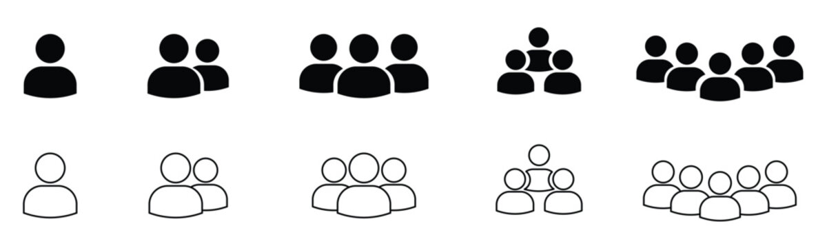 People group icon collection featuring individual users and teams of two, three, four, and five members in solid and outline styles for social interfaces