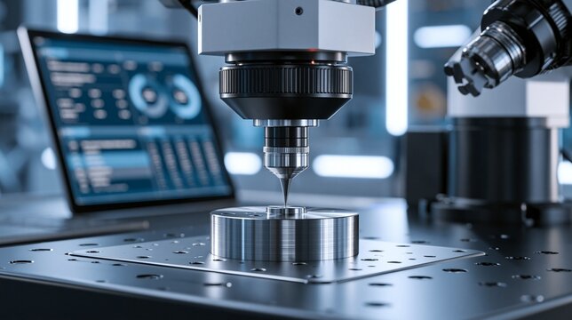 Medium shot of a robotic hardness tester gently pressing a polished steel sample digital tablet displaying material stats blurred in background modern lab setting with bright white