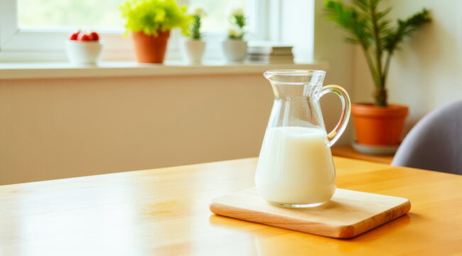 A half-filled carafe of milk sits on a table inside a house during the day, near a window with flowers.