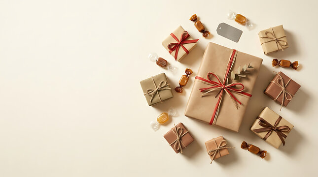 Minimalist holiday flat lay composition featuring craft paper wrapped gift boxes tied with twine and ribbons surrounded by wrapped caramel candies and a blank tag against a light neutral bac