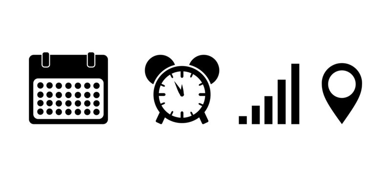 Calendar Time Network Signal and Location Pin Vector Icon Set Isolated on White Background