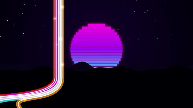 Retro synthwave background, with glowing neon, sunset and abstract, light trails 80s, style animation d