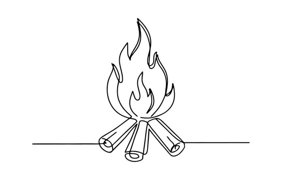 Continuous single line drawing of a burning campfire with logs and flames isolated on transparent background