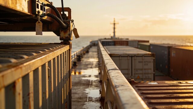 Framing rusted container and deck railing creating leading line on deck at sea, with cables
