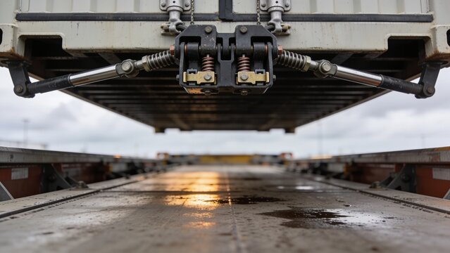 Showing locking coupler and ram struts under container on wet flatbed in yard, puddles reflecting