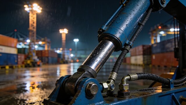 Capturing wet blue hydraulic cylinder and chrome piston rod at port terminal, puddles, copy space