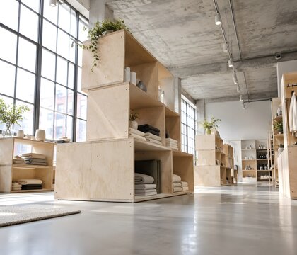 Modular birch plywood cube storage units arranged inside a sunlit industrial loft space