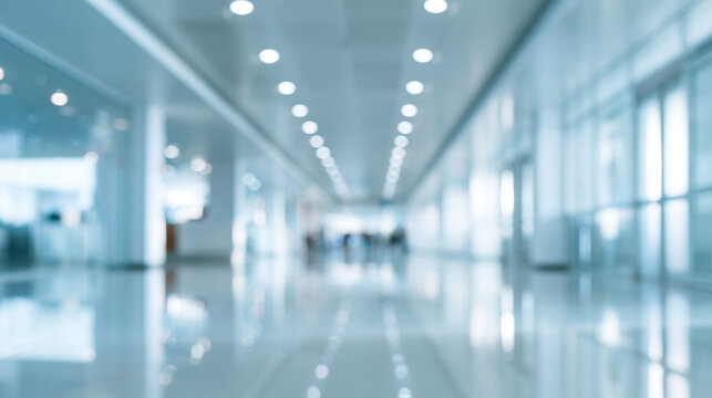 Abstract blurred background of a modern and bright office interior with bokeh lights, featuring a clean workspace environment suitable for copy space