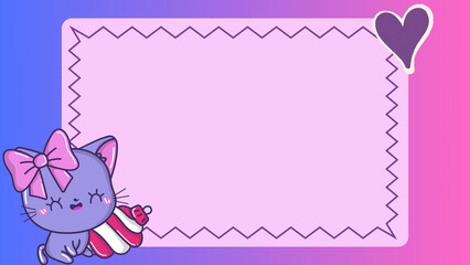 Cute purple kitten holding a holiday ornament in a zigzag frame with a heart  a delightful blank template for festive greetings and primary graphic designs © lailaa