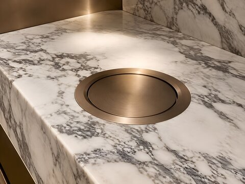 Minimalist waste chute opening integrated into marble counter in luxury boutique washroom
