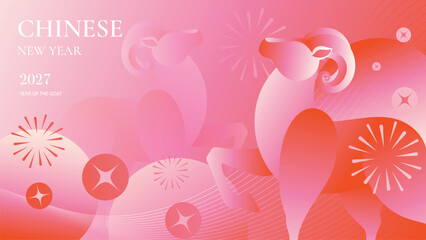 Naklejka premium Chinese New Year 2027 Goat Zodiac Vector Poster With Abstract Pink Animal Silhouette, Coral Gradient Fireworks and Modern Festive Background for Lunar Holiday Banner Design
