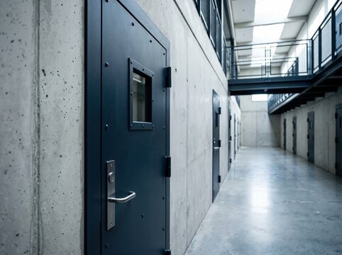 Corridor in modern prison cell block with reinforced steel doors. Concrete interior hallway of detention facility. Law enforcement and correctional institution background