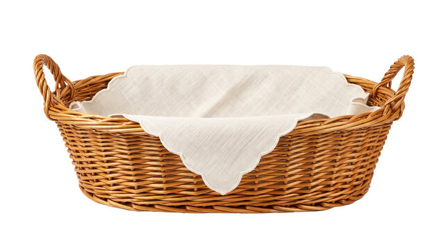 Rustic woven wicker basket with white linen napkin, empty bread basket container for kitchen dining, traditional wicker hamper isolated PNG with Transparent Background