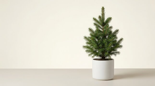 A minimalist christmas scene featuring a small potted evergreen tree against a neutral backdrop evoking a sense of calm and understated holiday