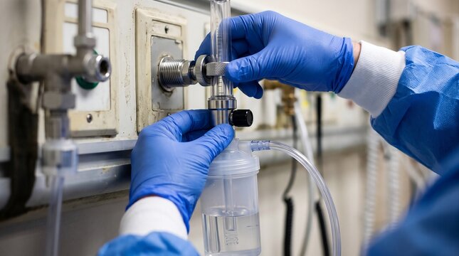 close-up of a respiratory care professional's gloved hands connecting a medical oxygen flowmeter to a regulated gas outlet, tightening the threaded connector and attaching transparent oxygen tubing