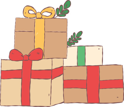 Cute hand drawn stack of wrapped Christmas gift boxes with ribbon bows for holiday presents and festive celebrations.