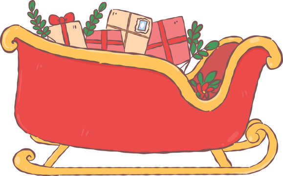 Cute hand drawn Santa Claus red sleigh full of wrapped gift boxes for Christmas holiday delivery designs.