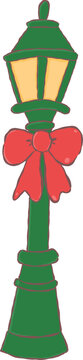 Cute hand drawn vintage green street lamp decorated with a red ribbon bow for winter holiday and Christmas designs.