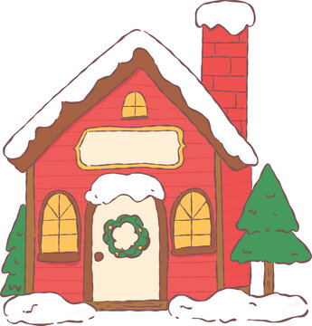 Cute hand drawn red winter cabin house covered in snow with a Christmas wreath for festive holiday landscapes.