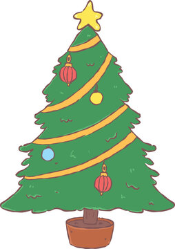 Cute hand drawn decorated Christmas pine tree in a pot with ornaments and a star for festive holiday designs.