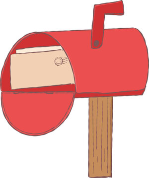 Cute hand drawn red American style mailbox with an envelope inside for postal delivery and communication design.