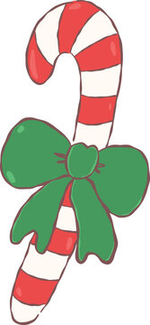 Cute hand drawn Christmas candy cane decorated with a green ribbon bow for festive holiday sweet treats design.