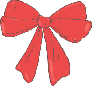 Cute hand drawn red ribbon bow, perfect for gift wrapping, presents, and festive decoration elements.
