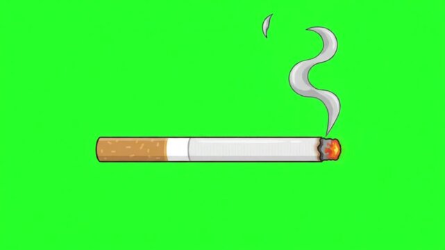 Cartoon animation of a cigarette with billowing smoke, designed for smoking addiction awareness, set against a green screen background.