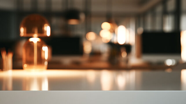 Abstract blurred background of a modern and bright office interior with bokeh lights, featuring a clean workspace environment suitable for copy space