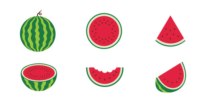 Collection of cartoon watermelon illustrations in various forms whole, sliced, half, and bitten, showcasing fresh summer fruit