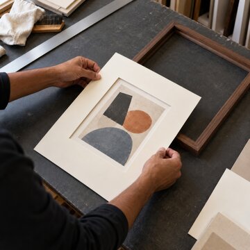Picture framer aligning a geometric art print inside a pale mount on a worktable, with an empty wooden frame resting beside the artwork