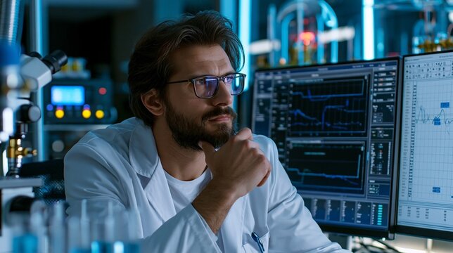 Engineer in a modern lab studying error-correction graphs beside a quantum device, focused mood, cool rim lighting, three-quarter composition.