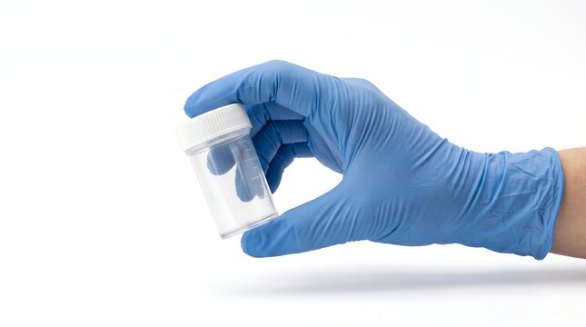 Blue gloved hand holding empty plastic specimen container on white