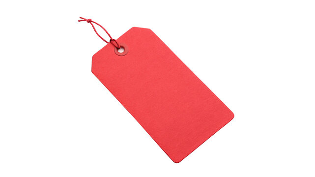 Blank red cardboard price tag label mockup with string retail commerce, isolated on transparent background.