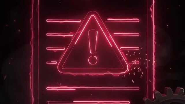 Warning sign illuminates with glowing neon lines over mechanical gears glow alert caution danger hazard notice symbol icon illumination bright
