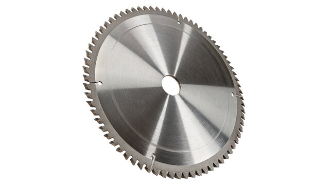 Sharp industrial circular saw blade metal tool gear carpentry construction cutting, isolated on transparent background.