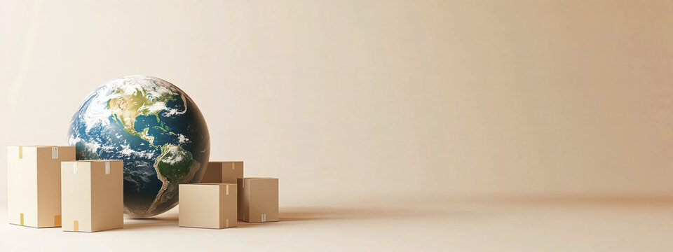 Planet Earth surrounded by parcel boxes against a beige studio background with copyspace - a concept for fast and reliable worldwide delivery